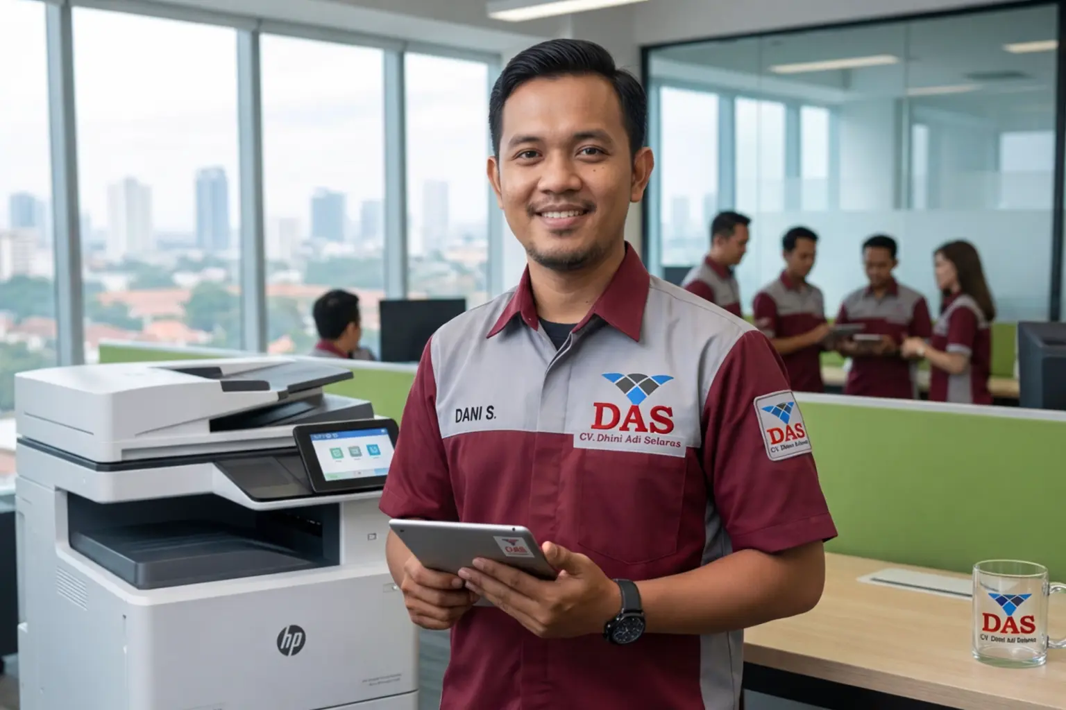 Teknisi CV Dhini Adi Selaras berseragam merah marun sedang memastikan mesin fotocopy HP berfungsi optimal untuk klien kantor di area Depok